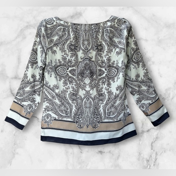 Talbots Silky Black White Tan Paisley Boho Floral Print Blouse Top Size 2P - Picture 3 of 8